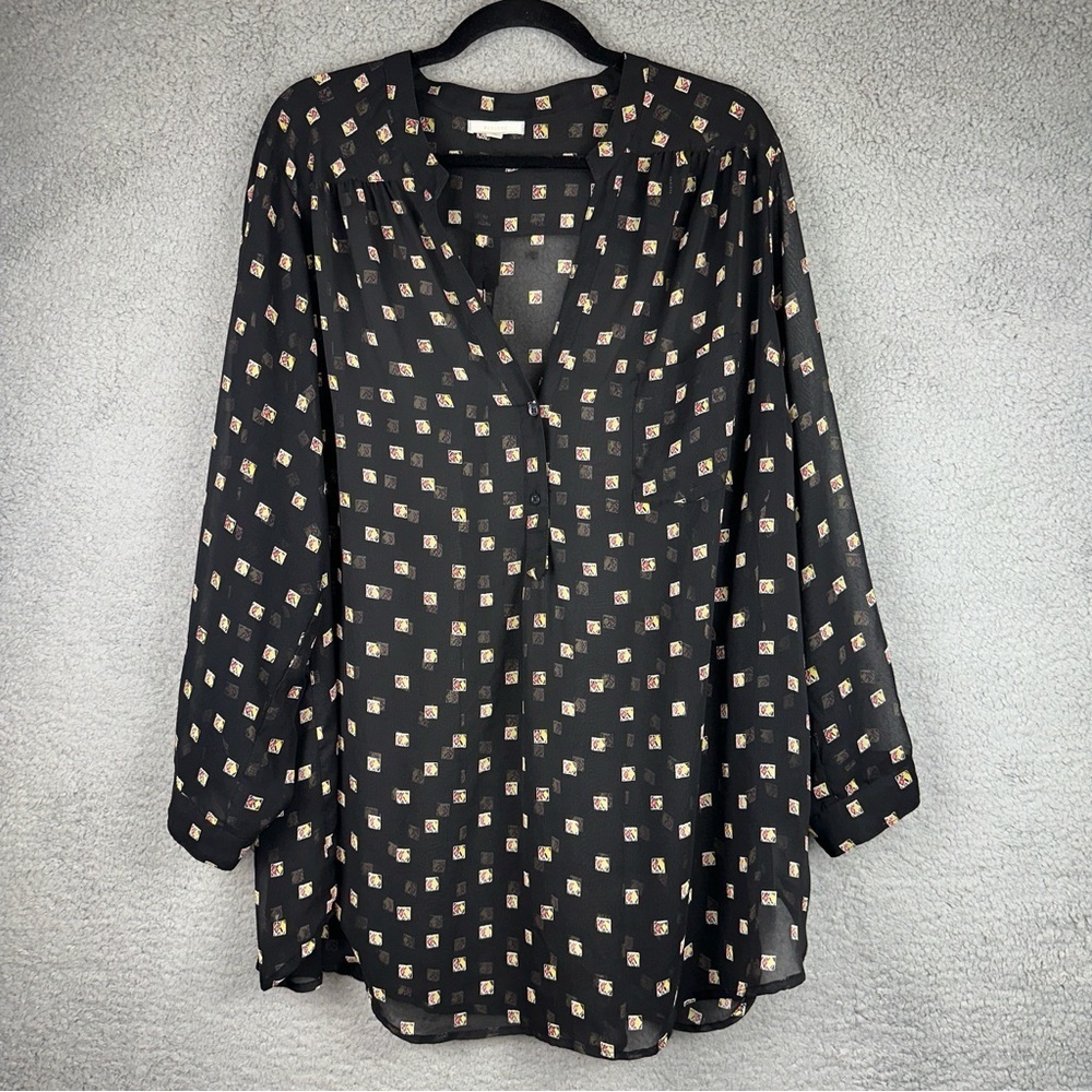 Pleione Top Womens 2X Black Ludo Dice Sheer Long Sleeve Button Up Blouse
